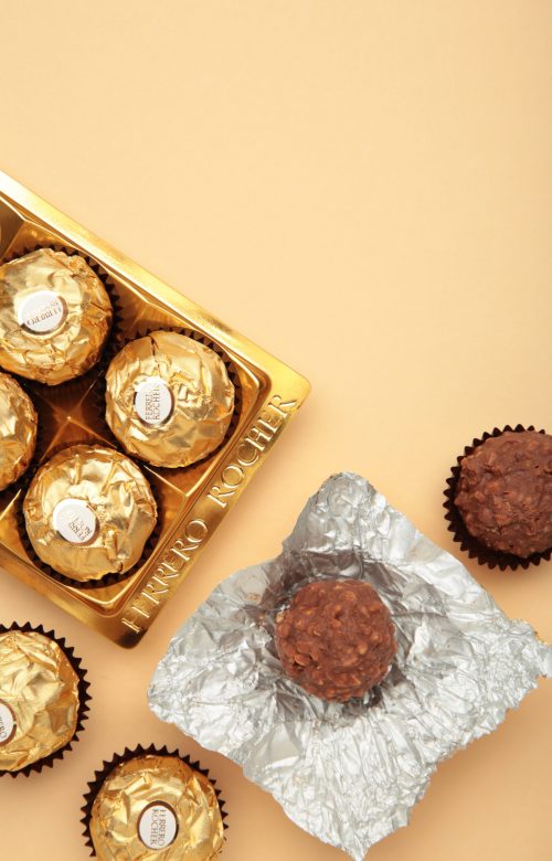 Mykolaiv, UKRAINE - July, 2024 Ferrero Rocher - round chocolates. Top view